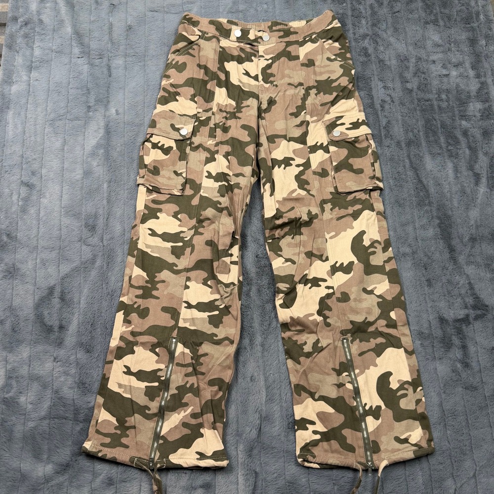 Charlotte Russe Womens Camo Cargo Pants Wide Leg Zipper Ankle Tan Green Large